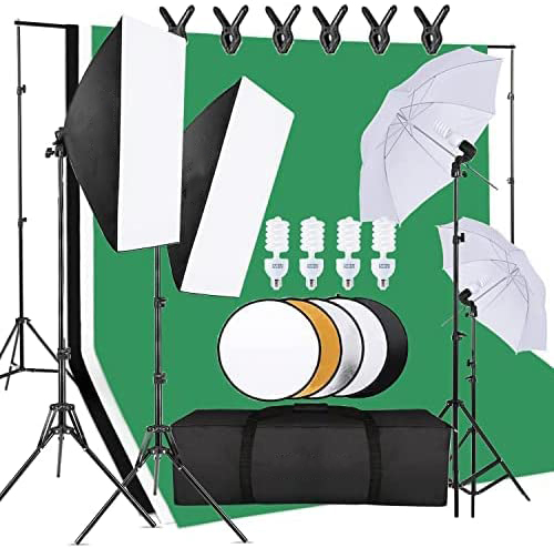 Photography Umbrella Lighting Kit - ชุดอุปกรณ์สตูดิโอถ่ายภาพราคาประหยัด ประกอบด้วยขาตั้งฉากหลัง, แผ่นสะท้อนแสง, ชุดไฟถ่ายภาพ, ร่มซอฟต์บ็อกซ์