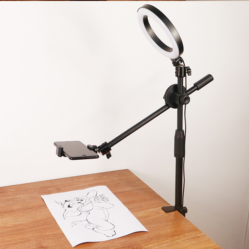 Photography Mobile Lighting - ขาตั้งกล้องเหนือศีรษะสําหรับโทรศัพท์มือถือสมาร์ทโฟนเดสก์ท็อปโทรศัพท์มือถือขาตั้งวิดีโอพร้อมไฟวงแหวนสําหรับการถ่ายภาพตาราง
