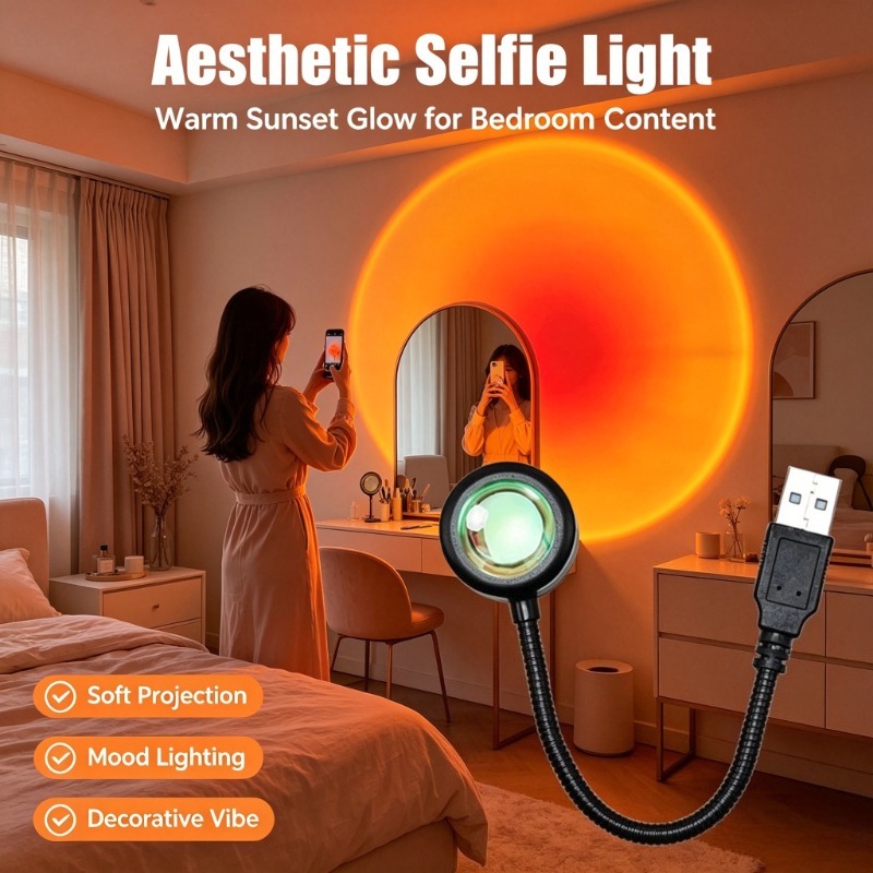 Photography Lighting Mood - โคมไฟพระอาทิตย์ตกแบบ USB, ไฟฉายภาพสวยงามพร้อมแสงสีส้มอบอุ่น, ไฟสร้างบรรยากาศสำหรับห้องนอน, ถ่ายภาพ, ตกแต่งงานปาร์ตี้
