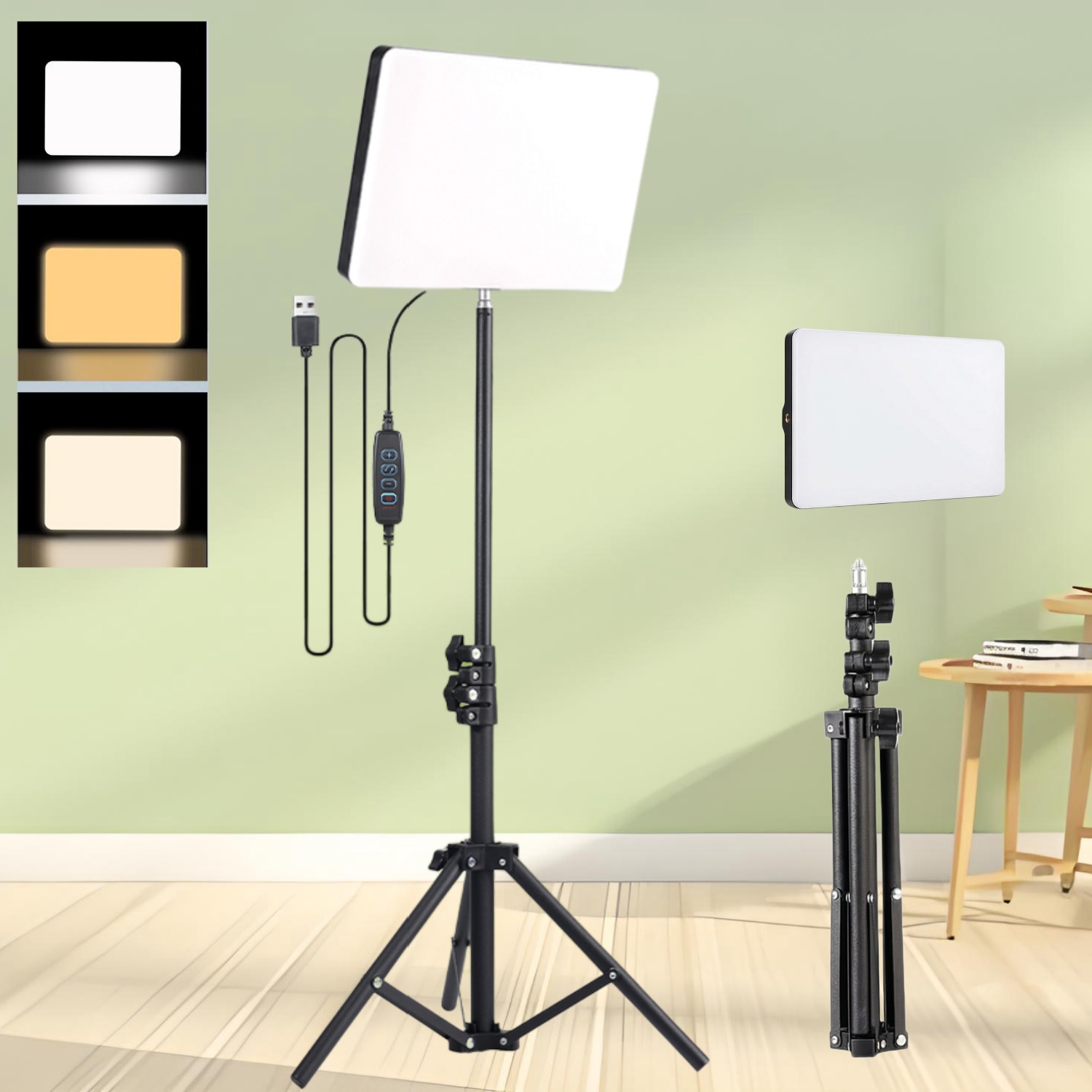 Photography Lighting For Portraits - ชุดไฟวงแหวนสำหรับไลฟ์สด: ไฟแผงบางเฉียบปรับได้ 3 สี ขนาด 10
